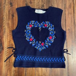 Vintage Navy Blue Embroidered Sweater Vest Heart Roses Pearls Wool Bows Folk